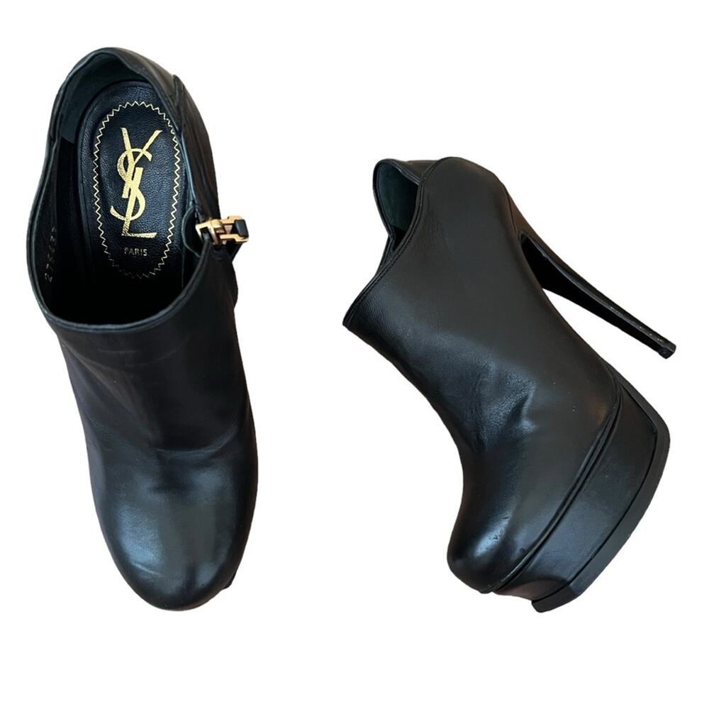 Yves Saint Laurent Womens Tribute 105 Black Leather Platform Heeled Ankle Boots